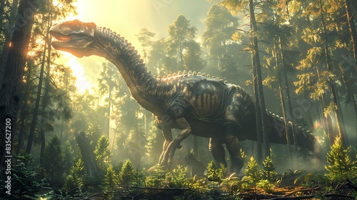 Shunosaurus feeding leaves from tall trees in a dense Jurassic forest
