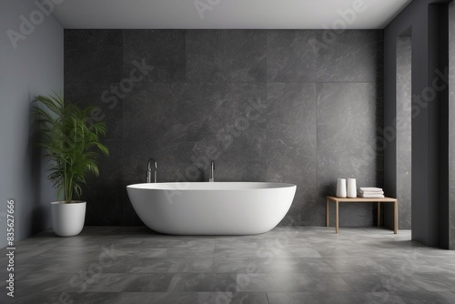 Interior home of bathroom with white bathtub and bathroom cabinet on dark sonic wall  granite floor