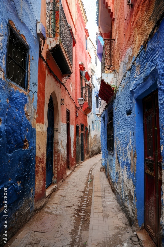 Narrow alleyway in the medina with striking blue and red facades, reflecting the rich cultural heritage of the area Narrow alleyway in the medina with striking blue and red facades, reflecting the rich cultural heritage of the area