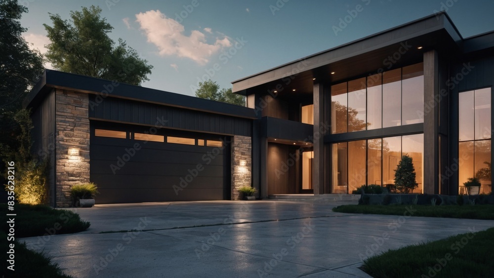 Obraz premium modern luxury house with garage door and concrete floor