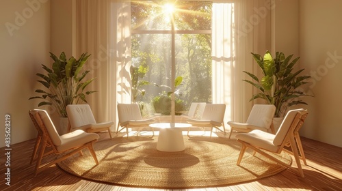 Modern psychologist's office with chairs in a circle, ready for group therapy, serene and supportive atmosphere
