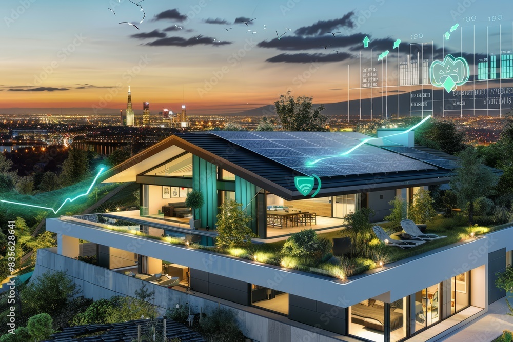 Fototapeta premium design of a infographic diagram for battery packs alternative electric clean energy storage system at smart home with solar panels roof as backup or sustainable energy concepts