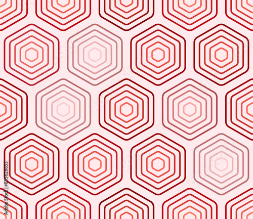 Pattern of hexagon shapes. Red color tones gradients. Rounded stacked hexagons mosaic cells. Large hexagons. Seamless pattern. Tileable vector illustration.