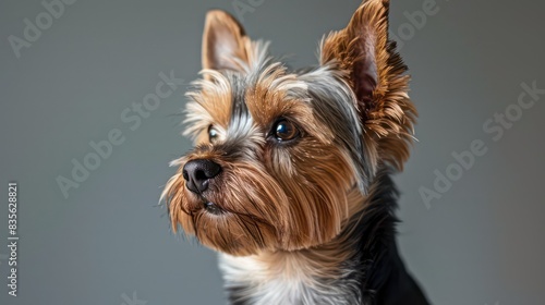 yorkshire terriers dog portrait wallpaper with good expression and blurred neutral background  © Dekastro
