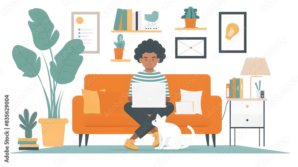 Fototapeta premium Illustration of a woman working on a laptop at home with a cat, surrounded by plants and cozy home decor.