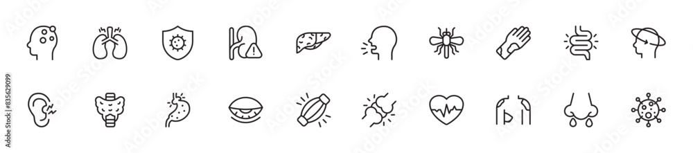 Set of disease icons. 20 sets of disease icons. Disease icons.  Simple line style disease icons