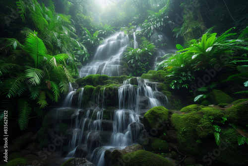 Hidden rain forest waterfall with lush foliage and mossy rocks    © CREAM 2.0