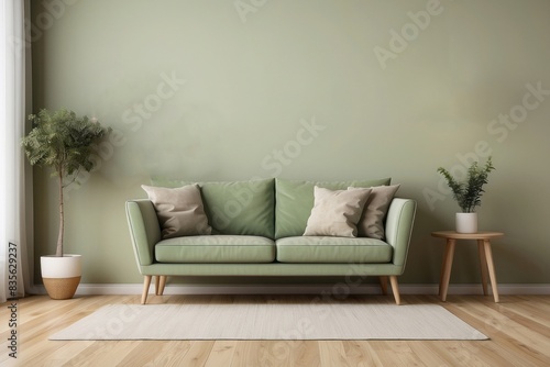 Interior home of living room with green sofa and plants on empty green wall  hardwood floor