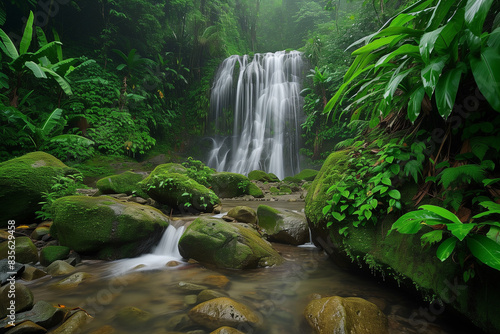 Hidden rain forest waterfall with lush foliage and mossy rocks


