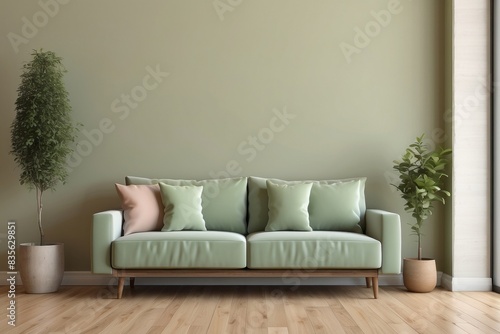 Interior home of living room with green sofa and plants on empty green wall, hardwood floor