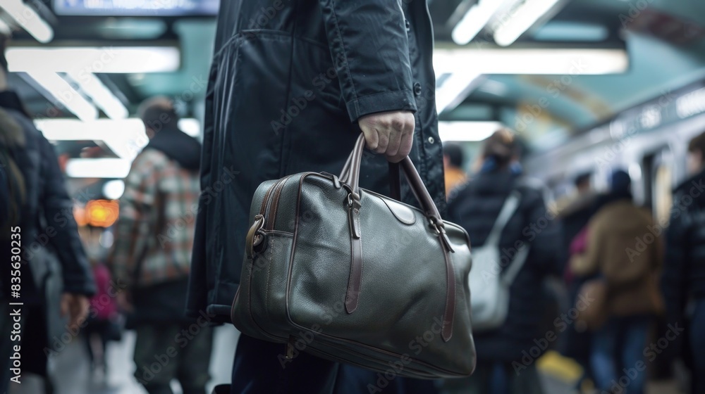 Fototapeta premium A candid close-up of a commuter's hand holding onto the handle of a rolling bag in a crowded subway station, navigating through the rush hour crowd