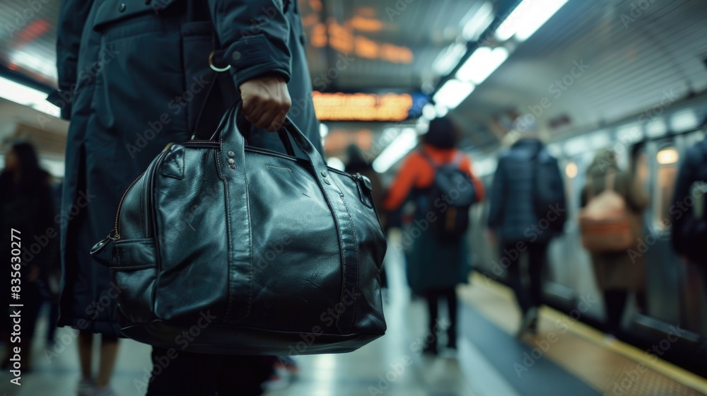 Fototapeta premium A heartfelt close-up of a commuter's hand gripping the handle of a rolling bag in a crowded subway station, capturing the energy and rhythm of urban travel