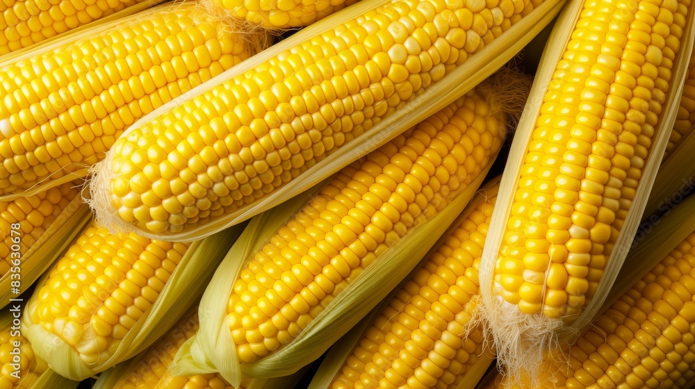 A closeup image showcasing the detailed texture of ripe yellow corn on the cob, sweet and flavorful, perfect for a corn concept. A closeup image showcasing the detailed texture of ripe yellow corn on the cob, sweet and flavorful, perfect for a corn concept.