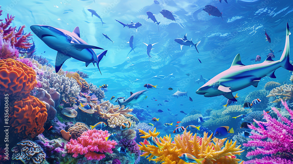 Obraz premium Superb Underwater survive Flock of oceanic sharks on the hunt Dark sea color