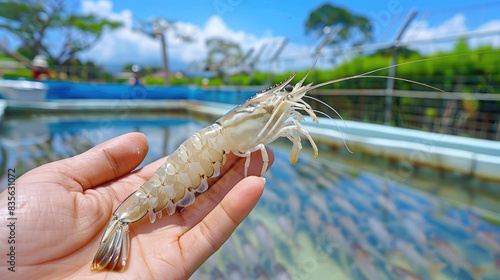 farmer holding white vannamei prawn with his hand, modern shrimp farming pond environment photo