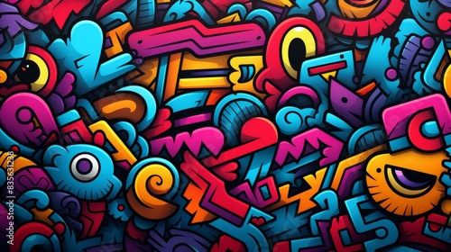 Vibrant geometric graffiti design with flat textures, abstract shapes, colorful patterns, and a modern twist.