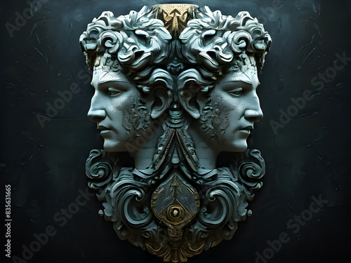 Janus, the two faces Roman anscient God. Janus wallpaper illustration concept with their faces turned away from each other