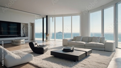 White home living room interior with eating table and chairs