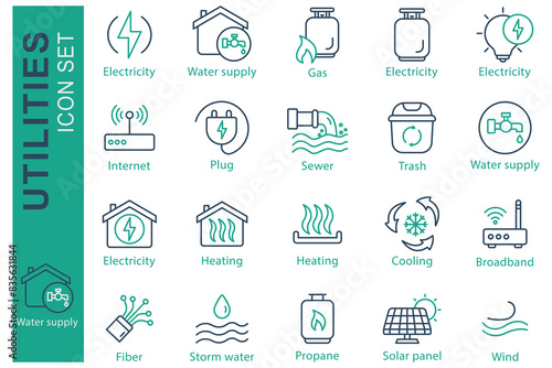 Utilities icon set. Electricity, Water supply, Propane, and more. line icon style. utilities element vector illustration