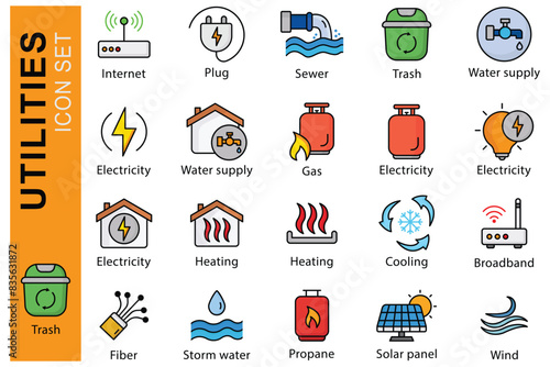 Utilities icon set. Electricity, Water supply, Propane, and more. colored outline icon style. utilities element vector illustration