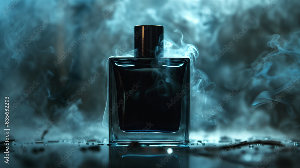mock up of black perfume bottle for men, with black smokey background on table, Ai generated Images mock up of black perfume bottle for men, with black smokey background on table, Ai generated Images
