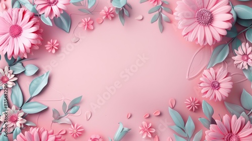 Pink background with frame made of flowers and leaves