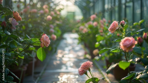 Walkway in a greenhouse bathed in natural light, young rose plants with tender leaves and small buds lining the path photo