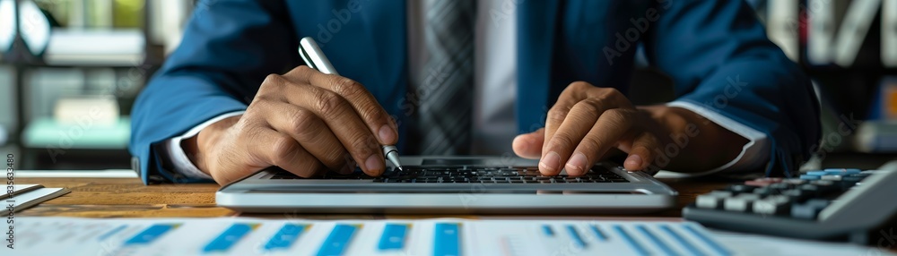 Fototapeta premium Businessman working on laptop and calculator.