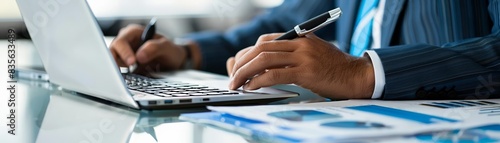 Businessman working on laptop, taking notes. photo