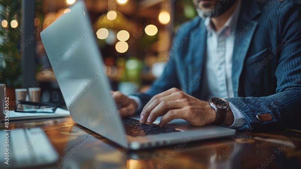 A businessman works on his laptop at a cafe table, focusing on his work. A businessman works on his laptop at a cafe table, focusing on his work.