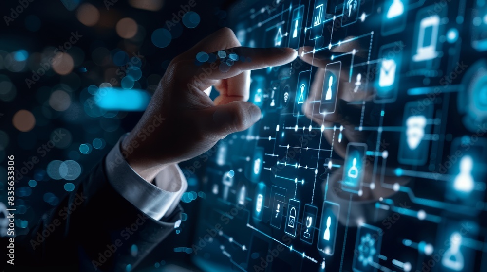 A hand interacts with a digital interface, showcasing a futuristic technology concept. The image symbolizes innovation and digital transformation. A hand interacts with a digital interface, showcasing a futuristic technology concept. The image symbolizes innovation and digital transformation.