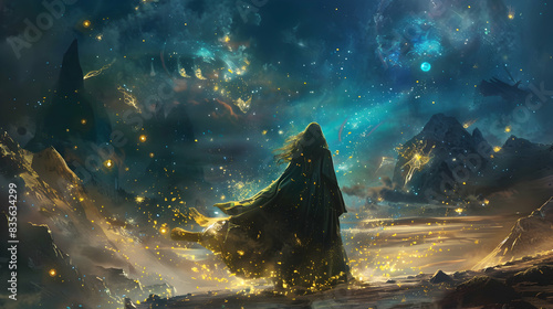 A hauntingly beautiful sorceress in a tattered cloak, surrounded by floating magical runes, with a backdrop of a dark, starry night sky and distant mountains