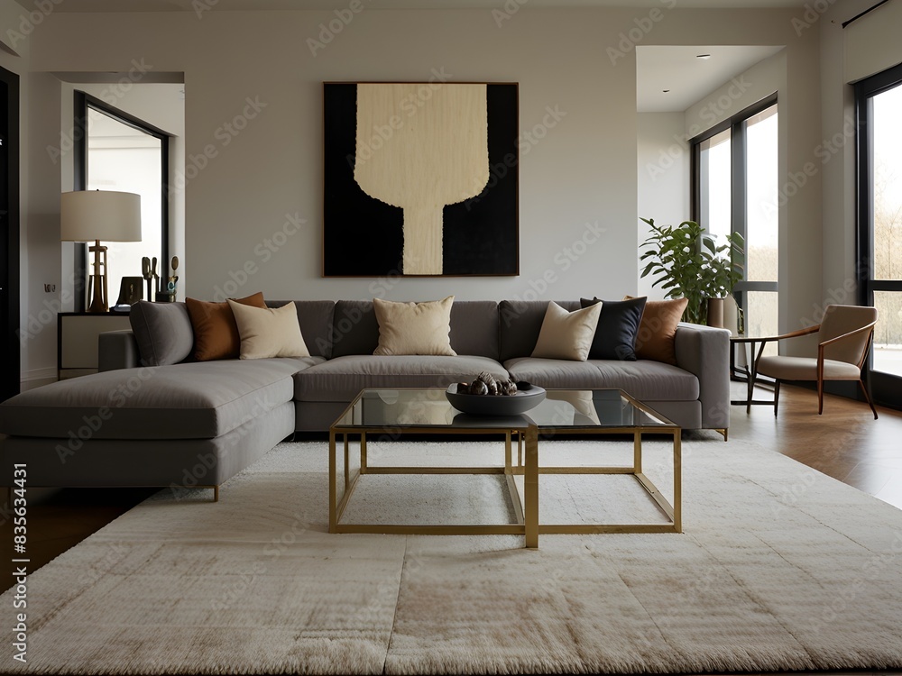 Living room with a modular sofa, glass coffee table, and a large area rug, contemporary and comfortable, generative AI Living room with a modular sofa, glass coffee table, and a large area rug, contemporary and comfortable, generative AI