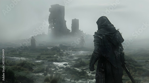 A lone warrior in dark armor standing in a ruined, fog-covered battlefield, with the remnants of ancient structures and faint spectral figures in the distance