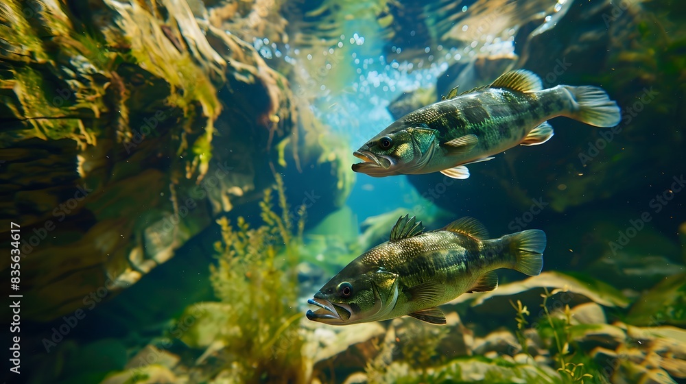 Fototapeta premium 川の大きな崖の横に隠れるオオクチバス