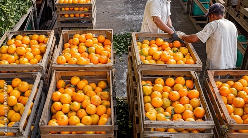 Sturdy wooden crates packed with oranges, arranged on a loading dock with workers preparing them for shipment, natural and unpolished