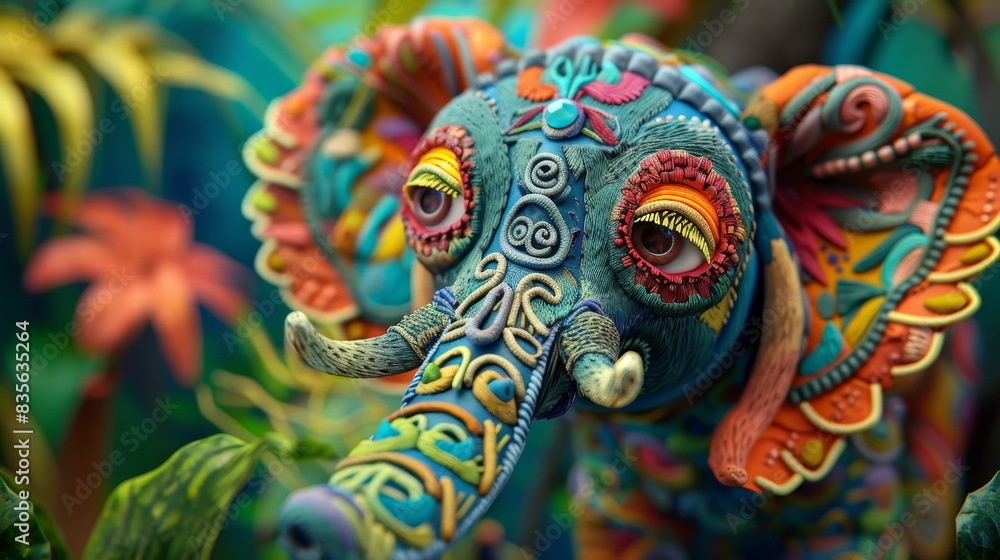 Close up, colorful 3D, handcrafted plasticine elephant with detailed textures, vibrant patterns, and expressive eyes, set in a whimsical jungle
