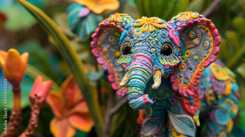 Close up, colorful 3D, handcrafted plasticine elephant with detailed textures, vibrant patterns, and expressive eyes, set in a whimsical jungle