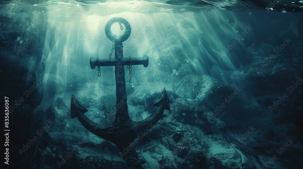 Underwater discovery anchor with rays of light in the ocean depths for travel and adventure enthusiasts Underwater discovery anchor with rays of light in the ocean depths for travel and adventure enthusiasts