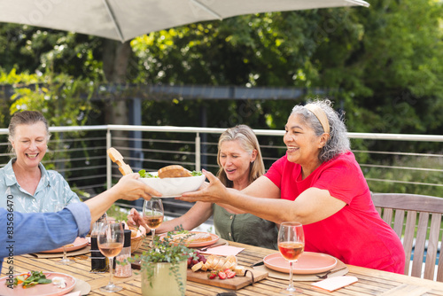 Diverse senior female friends sharing meal outdoors, passing dishes
