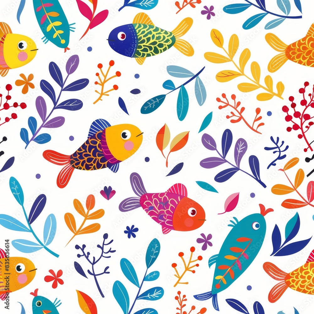 Seamless pattern with fish. Lovely, pretty pattern of fish and flowers, leaves. for fabric, silk, printing. Seamless pattern with fish. Lovely, pretty pattern of fish and flowers, leaves. for fabric, silk, printing.