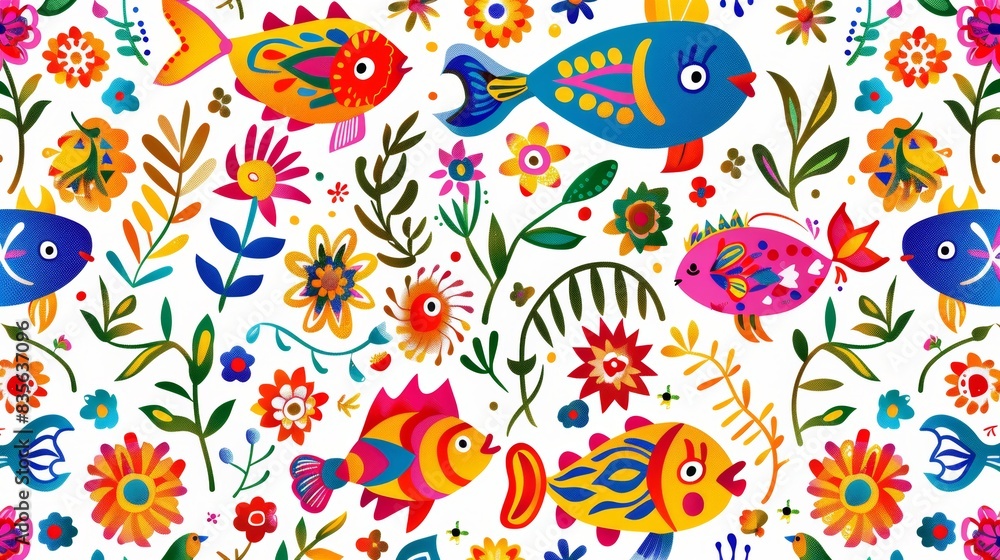 Seamless pattern with fish. Lovely, pretty pattern of fish and flowers, leaves. for fabric, silk, printing. Seamless pattern with fish. Lovely, pretty pattern of fish and flowers, leaves. for fabric, silk, printing.