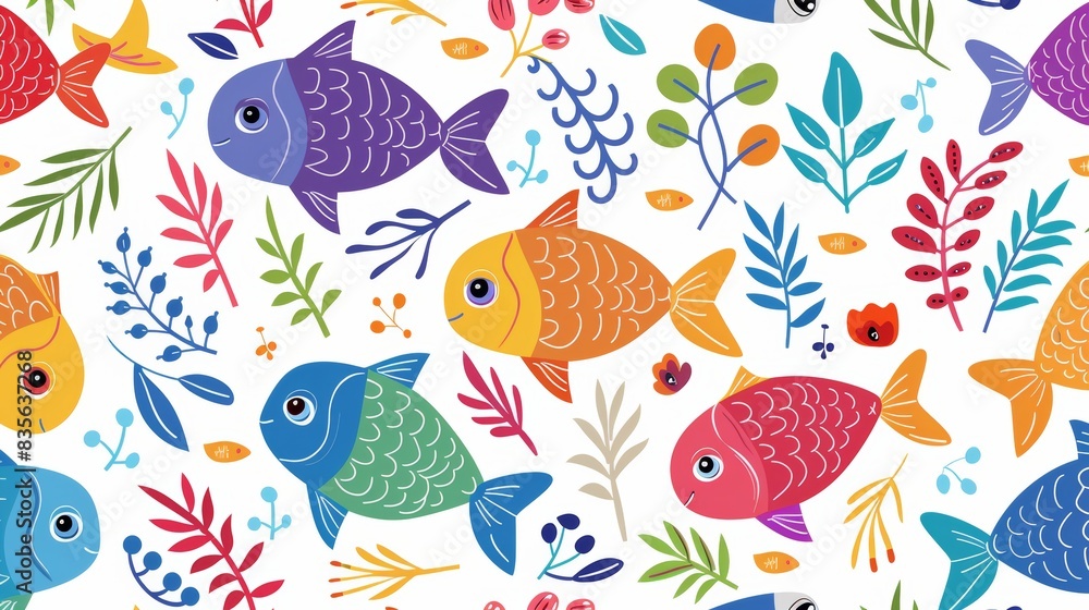 Seamless pattern with fish. Lovely, pretty pattern of fish and flowers, leaves. for fabric, silk, printing. Seamless pattern with fish. Lovely, pretty pattern of fish and flowers, leaves. for fabric, silk, printing.