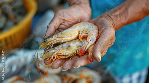 farmer holding shrimp with both hands, traditional market environment