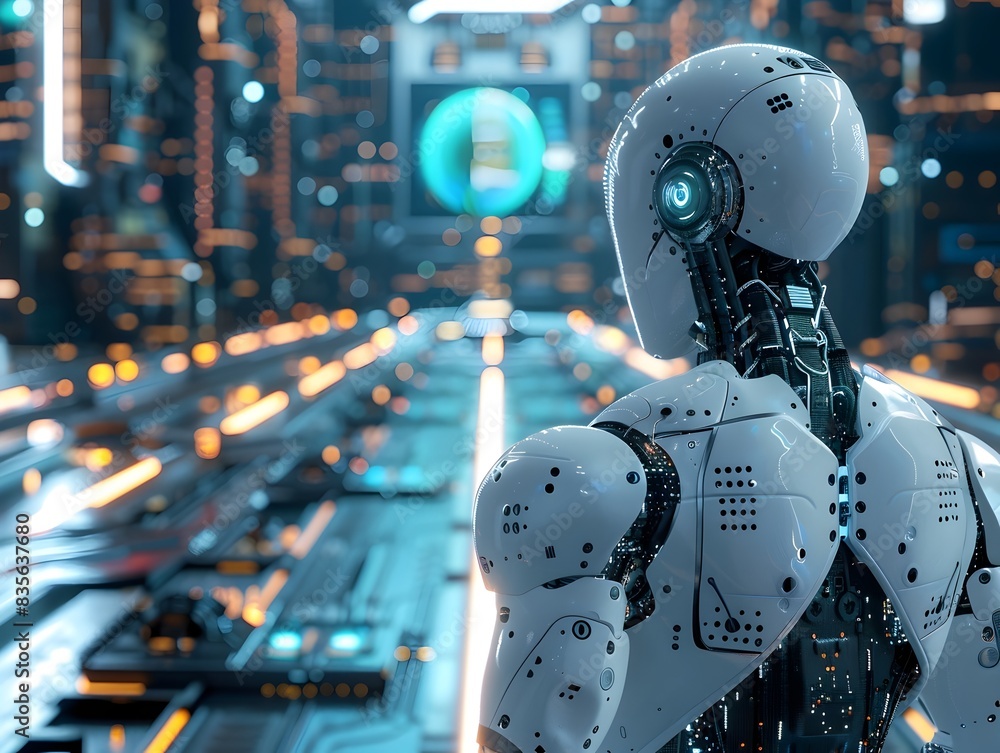Futuristic Humanoid Robot in City Skyline Landscape Futuristic Humanoid Robot in City Skyline Landscape