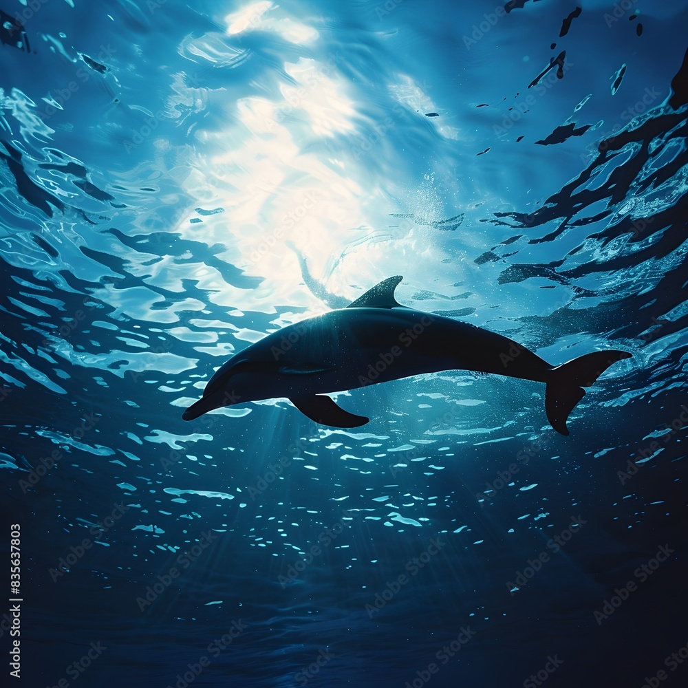 Fototapeta premium Silhouette of a Dolphin Swimming Gracefully Through the Vibrant Underwater World