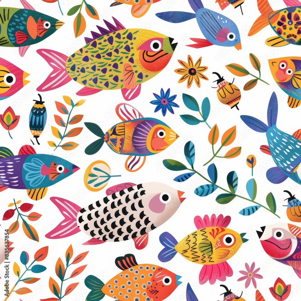 Seamless pattern with fish. Lovely, pretty pattern of fish and flowers, leaves. for fabric, silk, printing. Seamless pattern with fish. Lovely, pretty pattern of fish and flowers, leaves. for fabric, silk, printing.