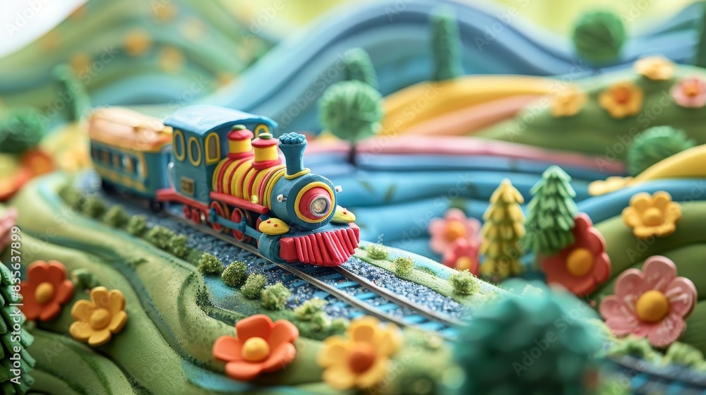 Close up, a colorful plasticine train travels through a whimsical landscape with rolling hills, clay flowers, and trees