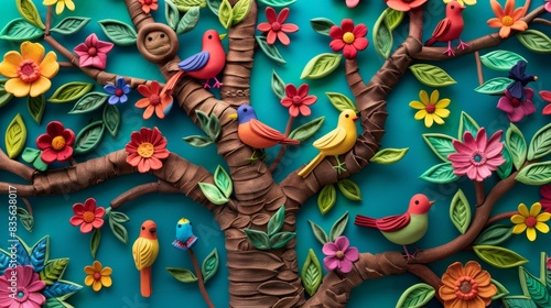 Close up, 3D handcrafted plasticine tree, with detailed leaves, vibrant flowers, and a family of birds perched on branches photo