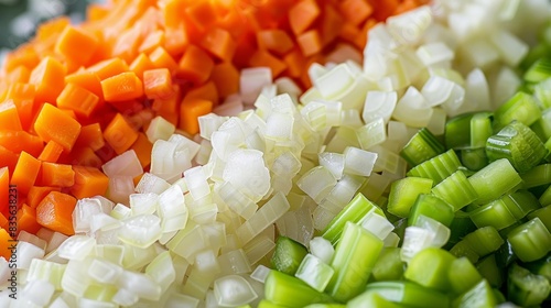 Close-up of finely chopped onions, carrots, and celery arranged in neat piles, isolated on a white background, studio lighting